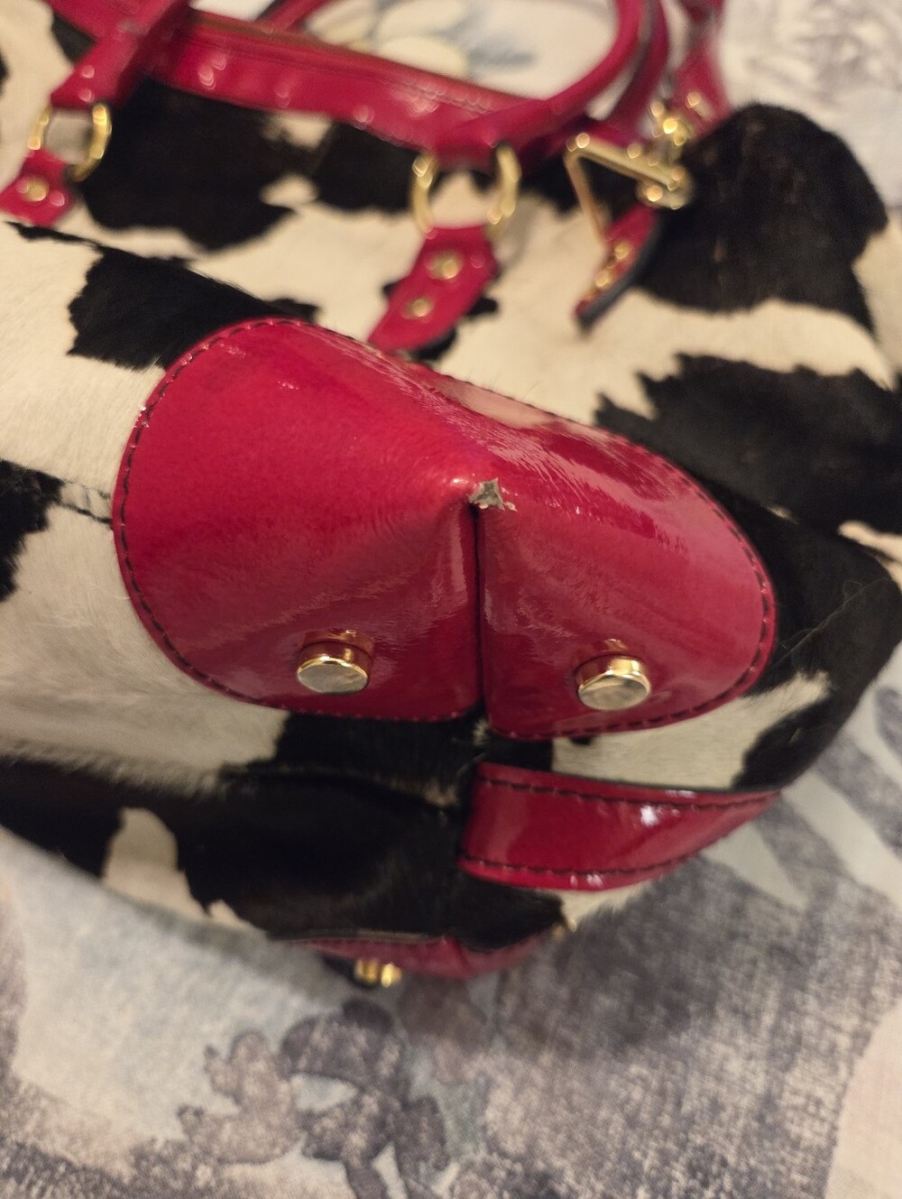 CAVALCANTI Black White Calfβ Hair Cow Print Red Italian Leather X-Large Tote Bag - Picture 12 of 16